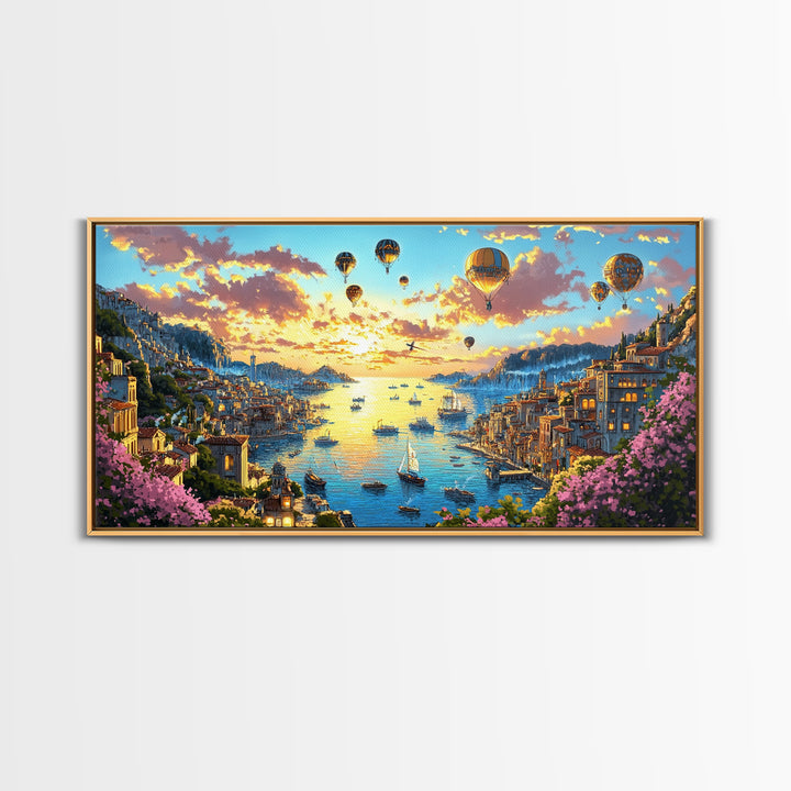 Hot Air Balloons Over Golden Harbor Canvas Print, Whimsical Coastal Wall Art For Travel Inspired Decor And Living Room Decor