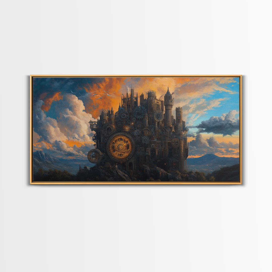 Dark Mechanical Castle At Dusk Wall Art, Gothic Steampunk Fantasy, Moody Landscape Framed Canvas Print, Statement Office Decor