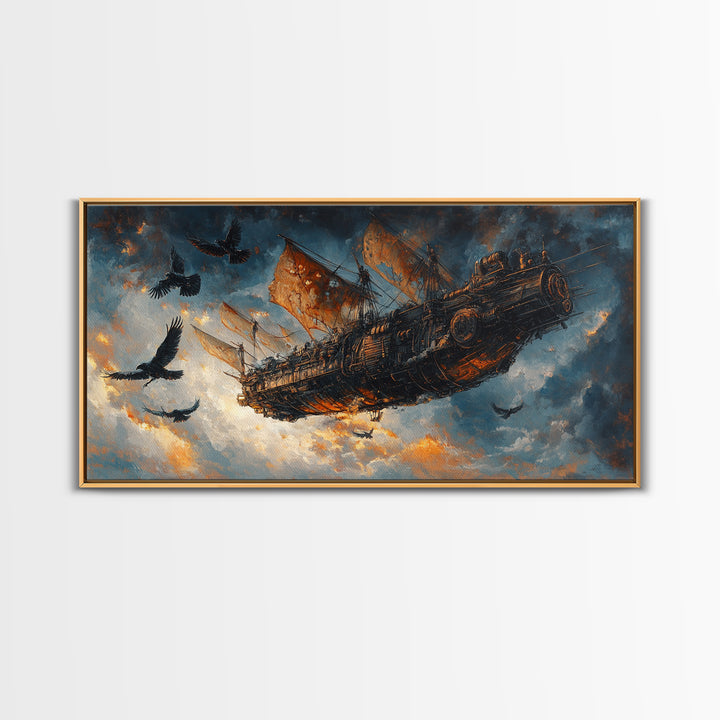 Dark Flying Pirate Ship Wall Art, Steampunk Fantasy Skyship, Gothic Adventure Canvas Print, Moody Sci Fi Office Decor Gift
