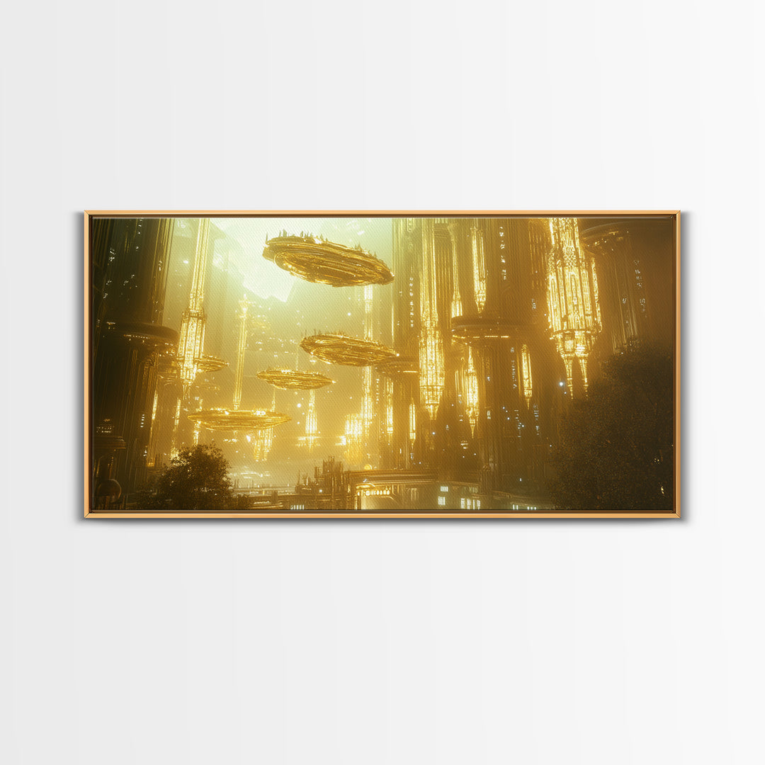Golden Futuristic City With Floating Airships Framed Canvas Print, Sci Fi Wall Art, Cyberpunk Decor, Statement Artwork Gift For Him