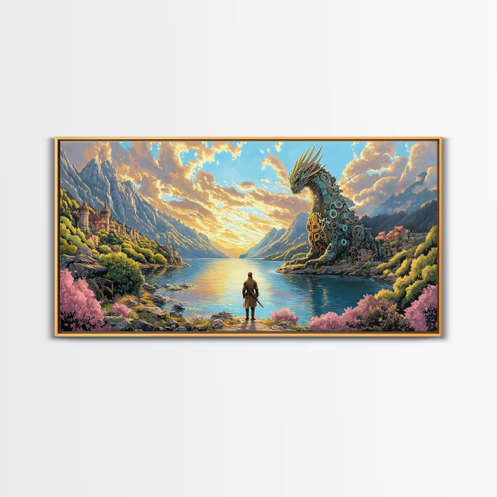 Hero Facing Giant Mechanical Dragon On Alpine Lake Canvas Print, Fantasy Wall Art, Mountain Wall Art, Adventure Home Decor