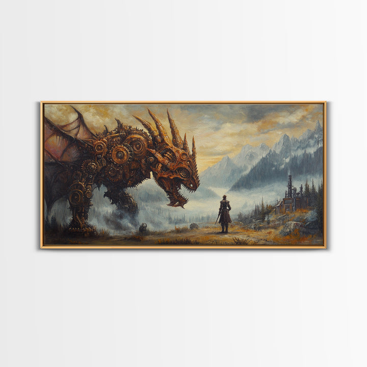 Steampunk Dragon Confronting Lone Traveler Framed Canvas Print, Fantasy Wall Art, Gothic Decor, Mountain Landscape Art, Gift For Him