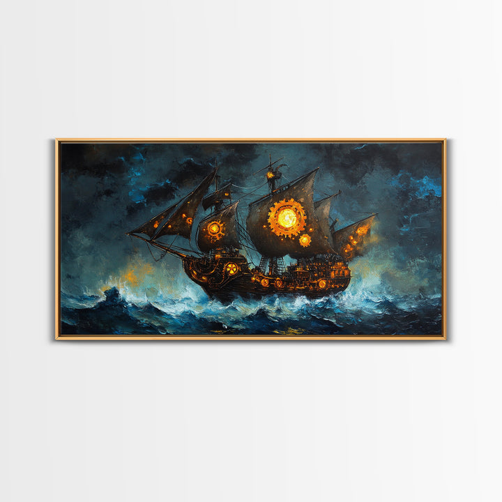 Stormy Steampunk Pirate Ship With Glowing Gears Canvas Print, Nautical Wall Art, Dark Fantasy Art, Moody Seascape Decor Gift For Him