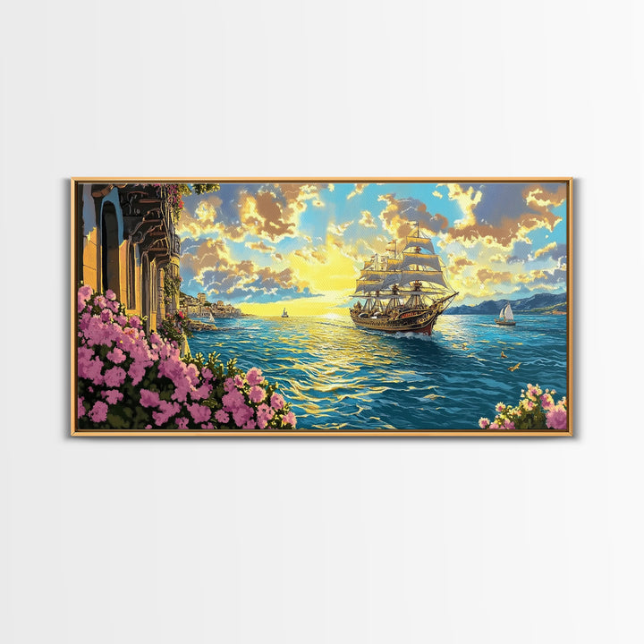 Sunset Tall Ship Sailing Past Flowered Balcony Canvas Print, Coastal Wall Art, Nautical Decor, Mediterranean Home Decor, Gift For Her