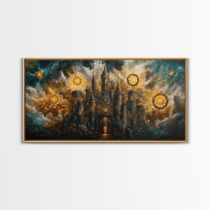 Dark Clockwork Castle Under Stormy Skies Framed Canvas Print, Gothic Wall Art, Steampunk Decor, Fantasy Home Decor, Statement Artwork