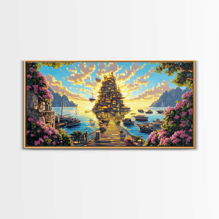 Golden Floating Temple At Sunset Wall Art, Fantasy Coastal Landscape Canvas, Dreamy Ocean Decor, Large Living Room Art Print