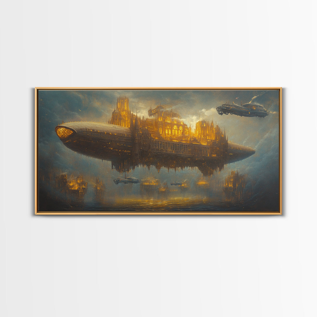 Golden Steampunk Airship City Framed Canvas Print, Futuristic Sci Fi Wall Decor, Dark Fantasy Art For Office Decor, Gift For Him