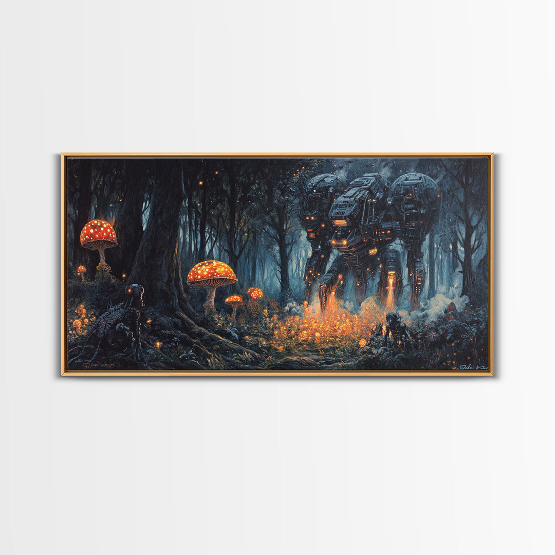 Glowing Mushroom Forest Mech Canvas Print, Dark Sci Fi Fantasy Wall Art, Cyberpunk Decor, Gamer Room Office Art, Gift For Him