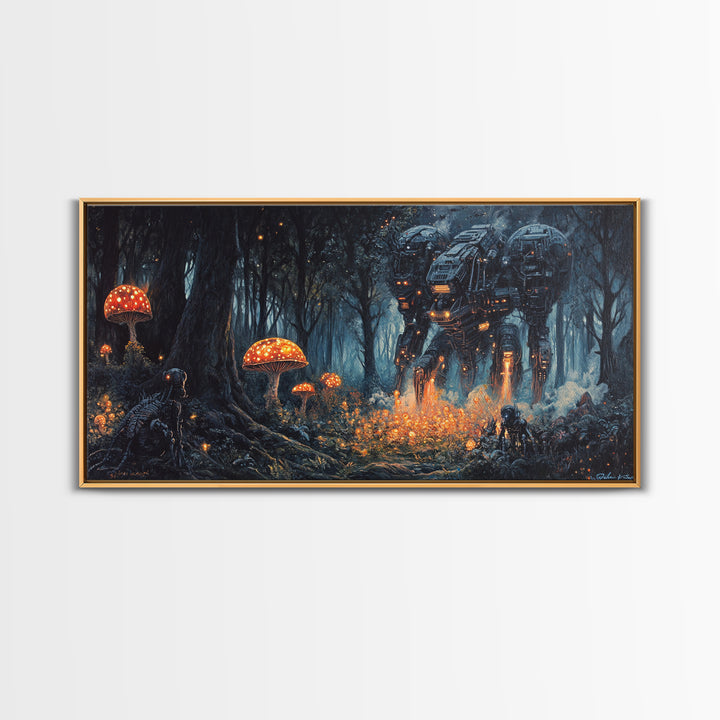 Glowing Mushroom Forest Mech Canvas Print, Dark Sci Fi Fantasy Wall Art, Cyberpunk Decor, Gamer Room Office Art, Gift For Him