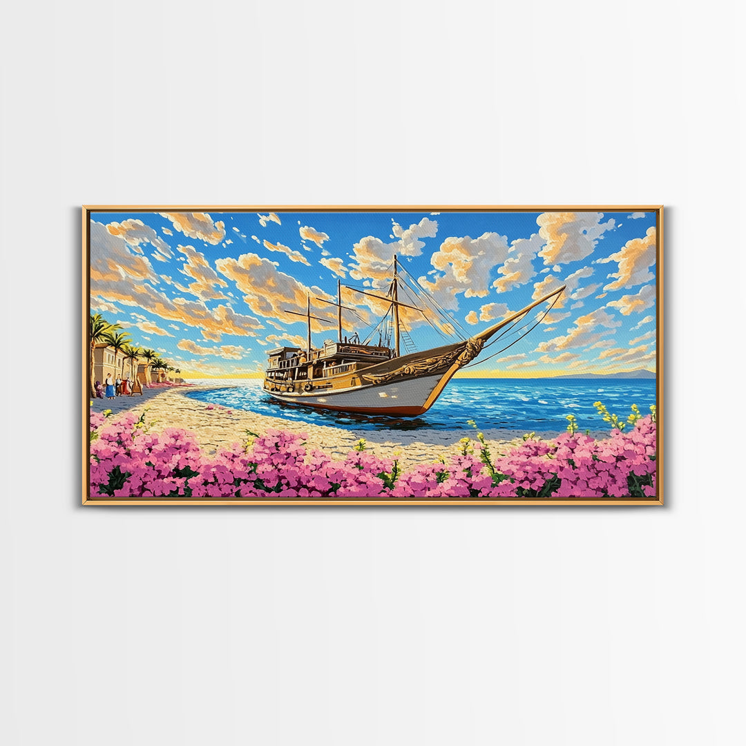 Classic Wooden Sailboat On Sunny Coast Wall Art, Nautical Canvas Print, Beach House Decor, Coastal Living Room Art Print