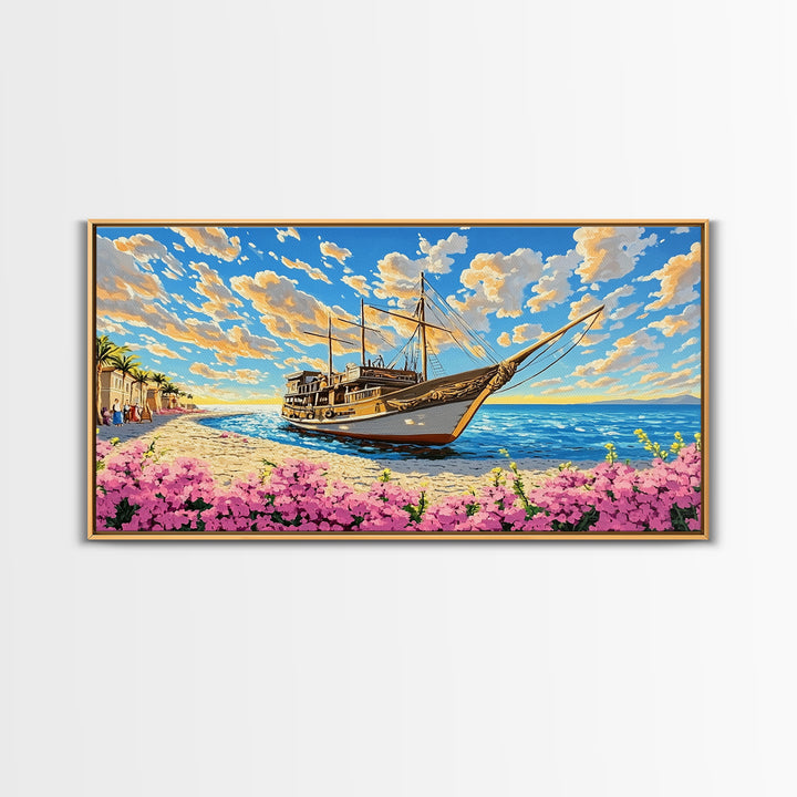 Classic Wooden Sailboat On Sunny Coast Wall Art, Nautical Canvas Print, Beach House Decor, Coastal Living Room Art Print