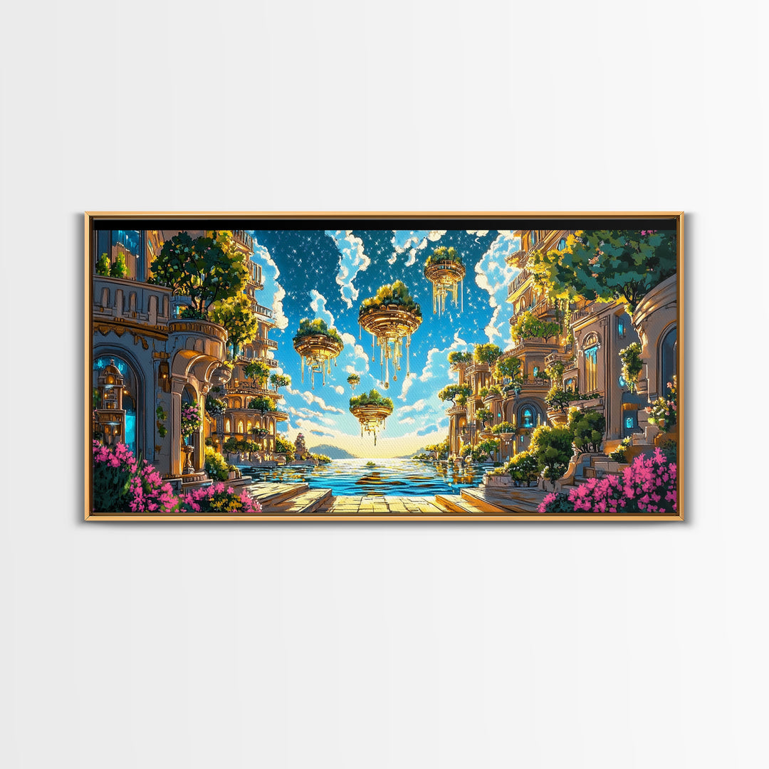 Floating Garden Islands Over Azure Sea Wall Art, Fantasy Coastal Canvas Print, Dreamy Mediterranean Home Decor Art Print