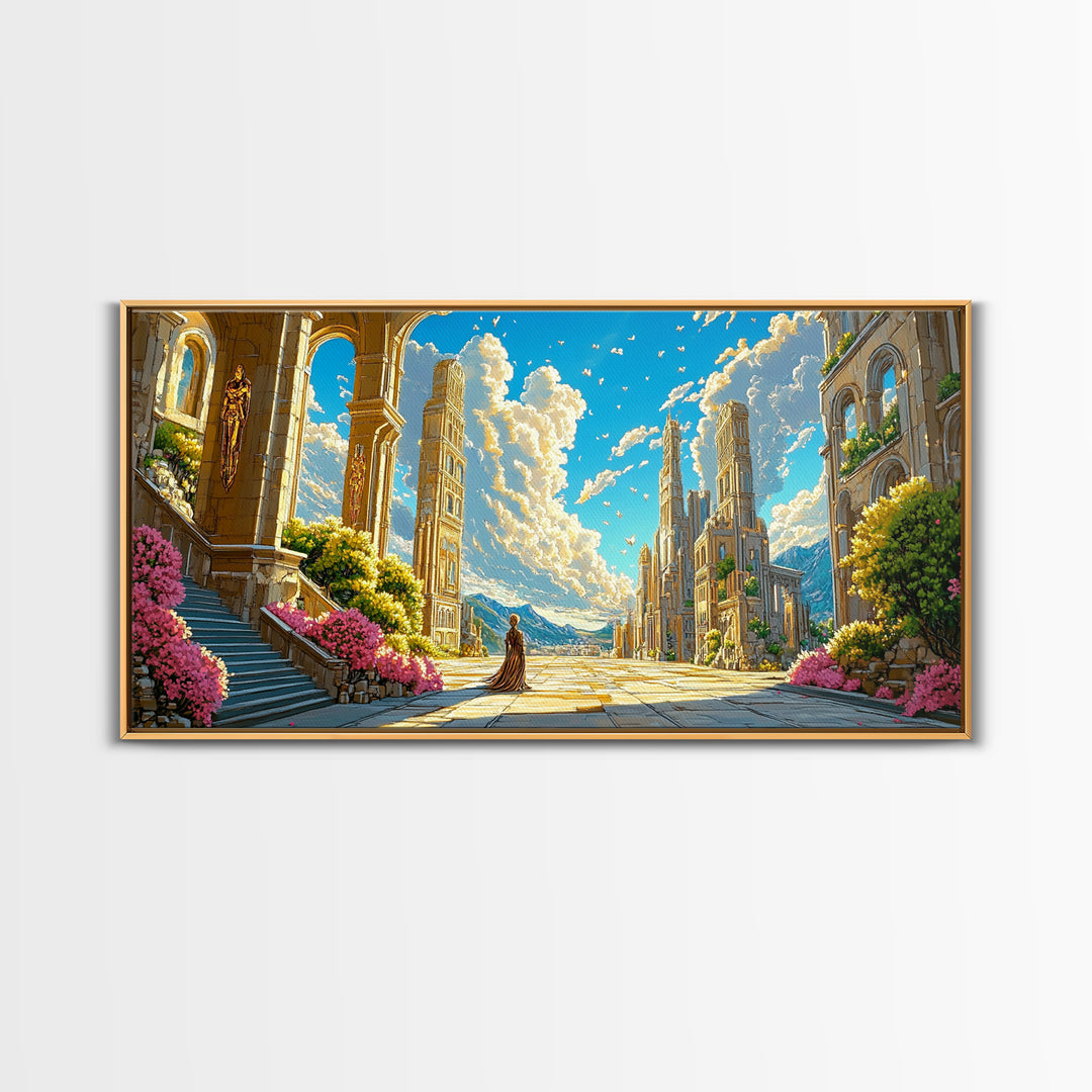 Sunlit Ancient Ruins And Mountain Vista Wall Art, Fantasy Landscape Canvas Print, Elegant Mediterranean Home Decor Print