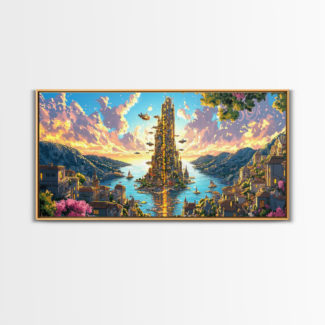 Radiant Island Tower And Alpine Bay Framed Canvas Print, Fantasy Coastal Wall Art, Italy Decor, Colorful Living Room Art