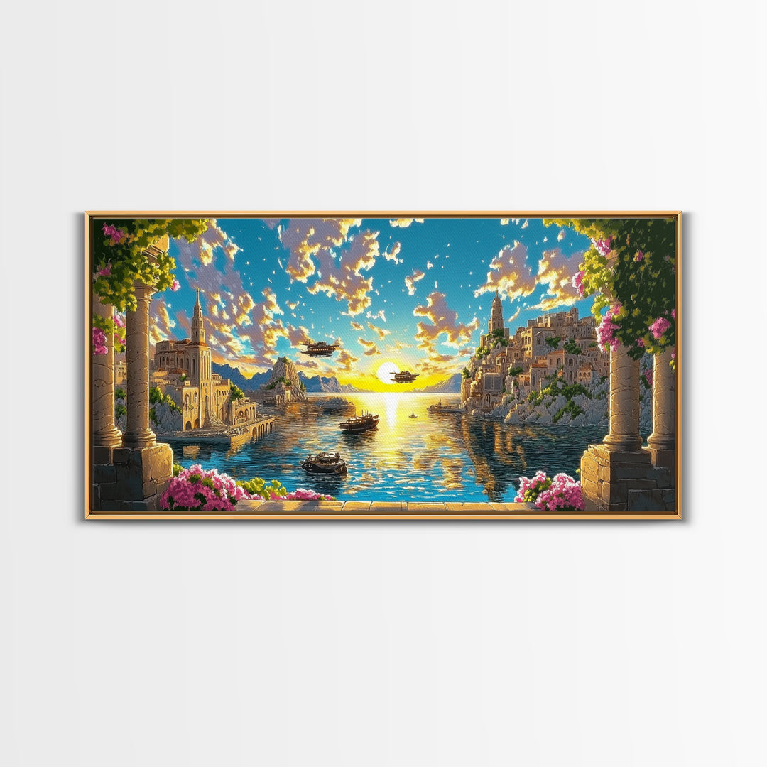Sunlit Fantasy Harbor With Airships Canvas Print, Mediterranean Coastal Wall Art, Seascape Decor, Bright Living Room Print