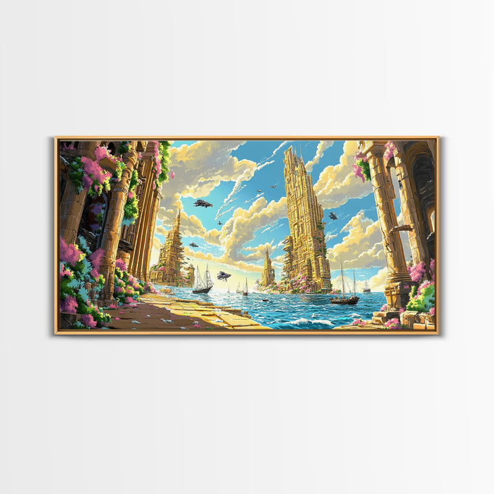 Blooming Fantasy Canal And Golden Towers Wall Art, Coastal Seascape Canvas, Mediterranean Decor, Large Horizontal Living Room Print