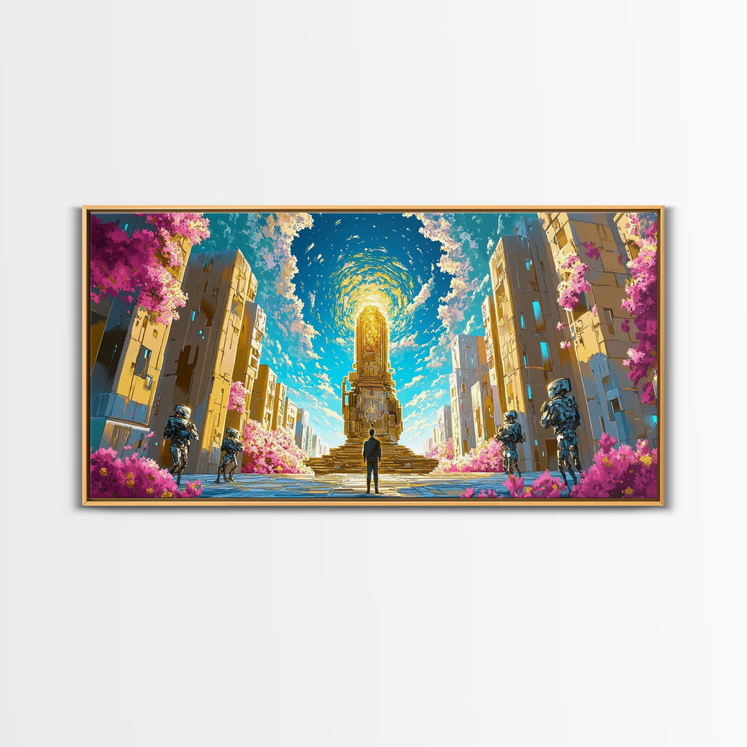 Celestial Portal Monument With Blossoms Wall Art, Modern Futuristic Sci Fi Canvas, Cyberpunk Decor, Vibrant Living Room Print