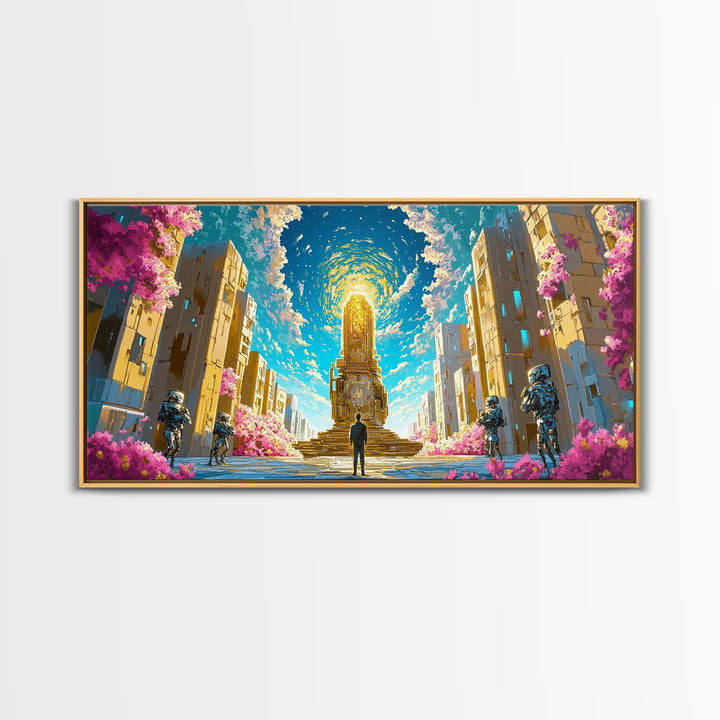 Celestial Portal Monument With Blossoms Wall Art, Modern Futuristic Sci Fi Canvas, Cyberpunk Decor, Vibrant Living Room Print
