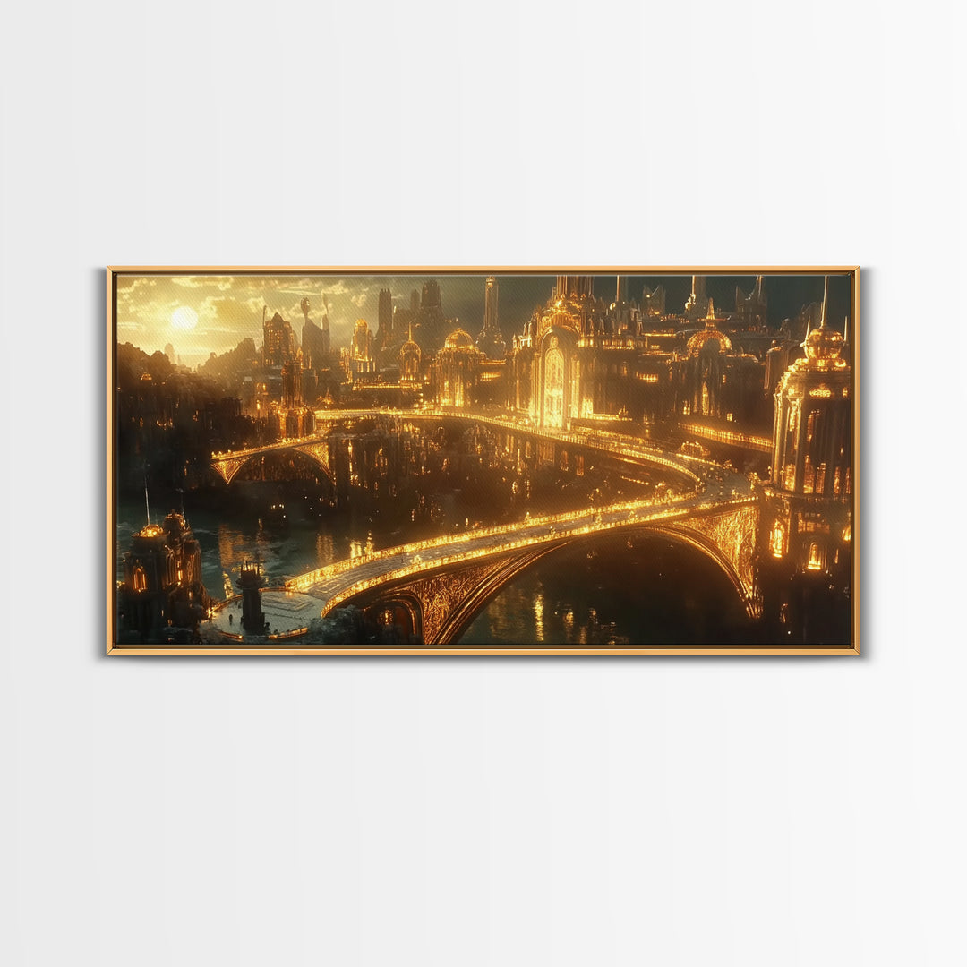 Golden Futuristic Palace City And Bridges Framed Canvas Print, Sci Fi Wall Art, Luxury Cityscape Large Statement Living Room Decor