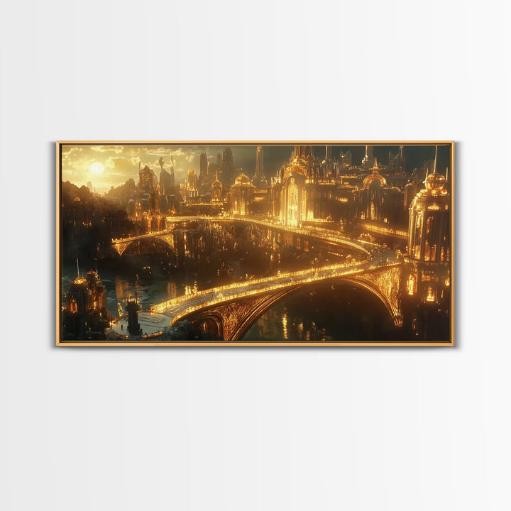 Golden Futuristic Palace City And Bridges Framed Canvas Print, Sci Fi Wall Art, Luxury Cityscape Large Statement Living Room Decor