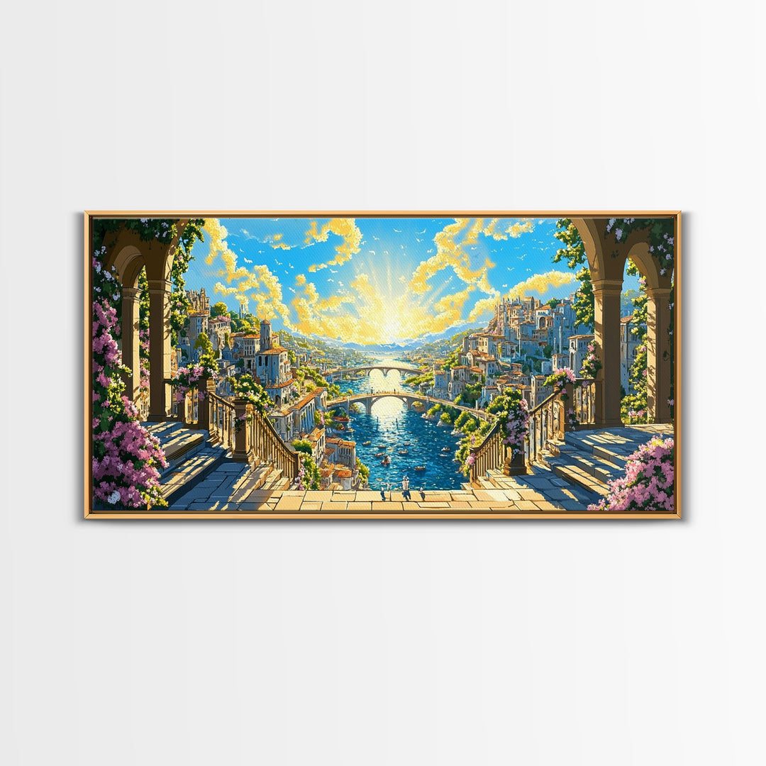 Sunlit Fantasy River City From Balcony Canvas Print, Mediterranean Wall Art, Colorful Coastal Decor, Bright Above Sofa Print