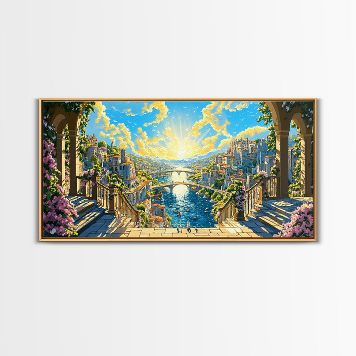 Sunlit Fantasy River City From Balcony Canvas Print, Mediterranean Wall Art, Colorful Coastal Decor, Bright Above Sofa Print
