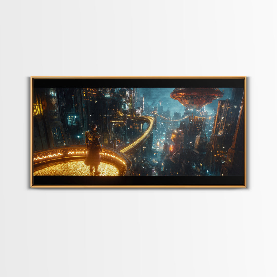 Cyberpunk Balcony Over Neon Megacity Wall Art, Futuristic Sci Fi Canvas, Dystopian Cityscape Large Office Living Room Print
