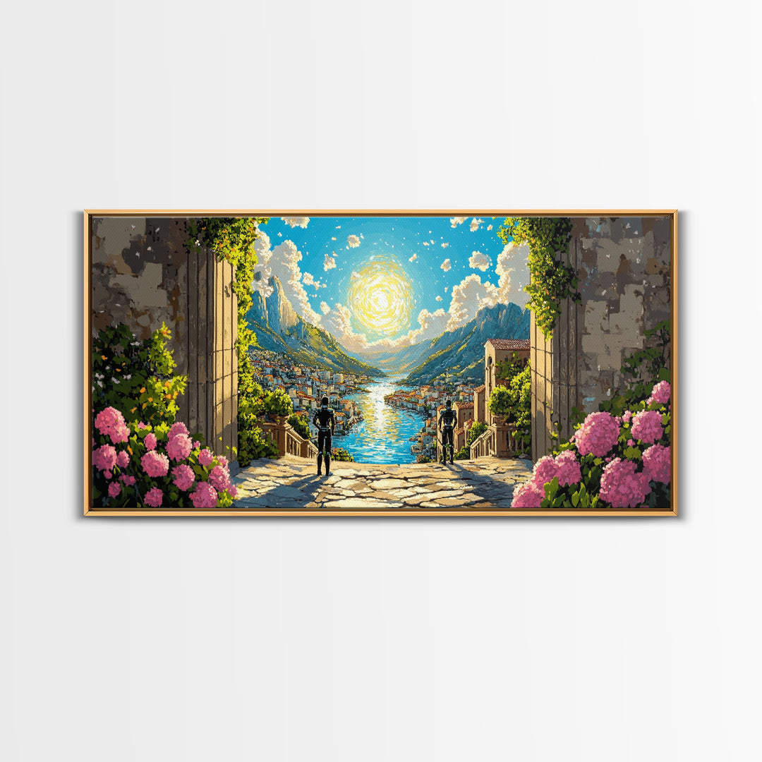 Radiant Alpine Lake Como Village Through Stone Arch Wall Art, Italian Landscape Print For Elegant Home Decor And Travel Lover Gift