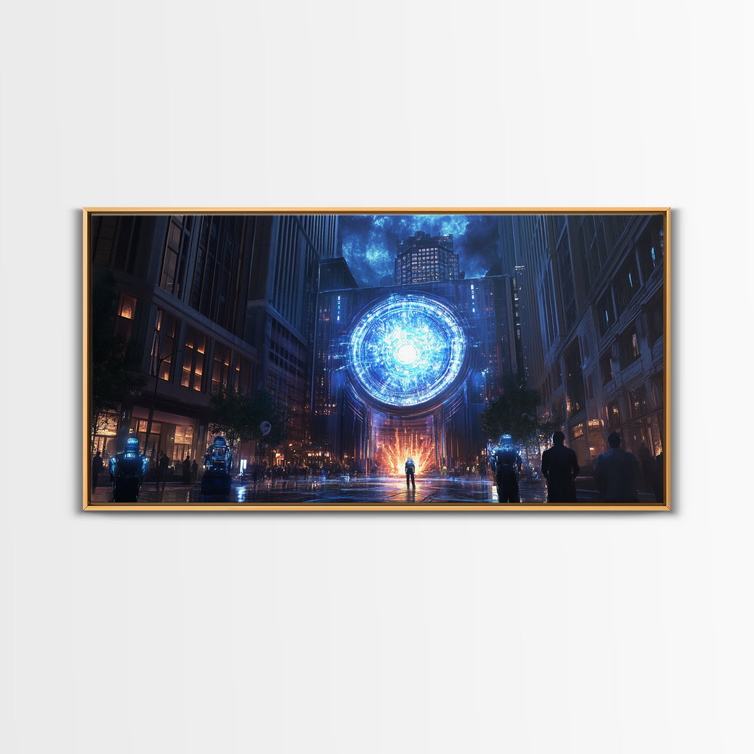 Blue Cosmic Portal Over Dark City Street Framed Canvas Print, Sci Fi Wall Art For Gaming Room Decor And Modern Cyberpunk Decor