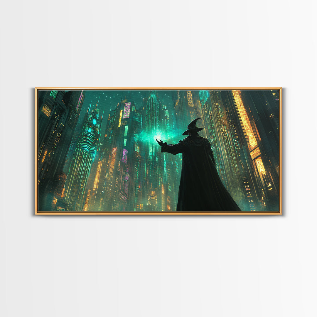 Wizard Casting Green Light In Futuristic Neon City Framed Canvas Print, Cyberpunk Wall Art For Sci Fi Office Decor And Gaming Room