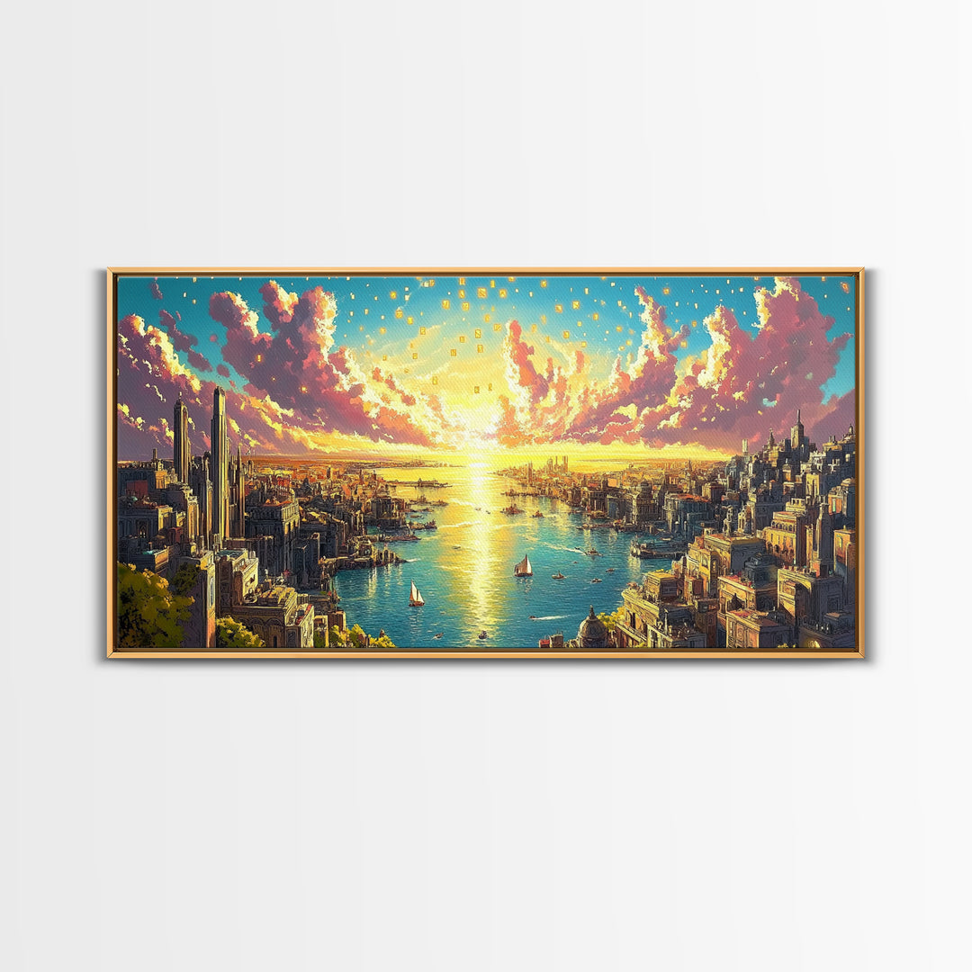 Panoramic Golden Harbor City At Sunrise Wall Art, Futuristic Coastal Canvas Print For Living Room Decor And Large Horizontal Art