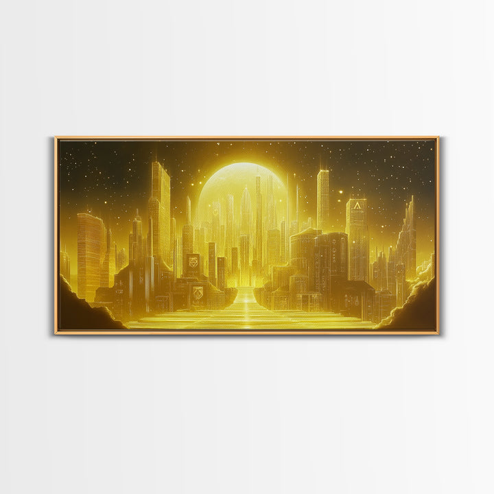 Golden Moon Over Futuristic Skyline And River Wall Art, Celestial City Canvas Print For Modern Office Decor And Sci Fi Home Decor