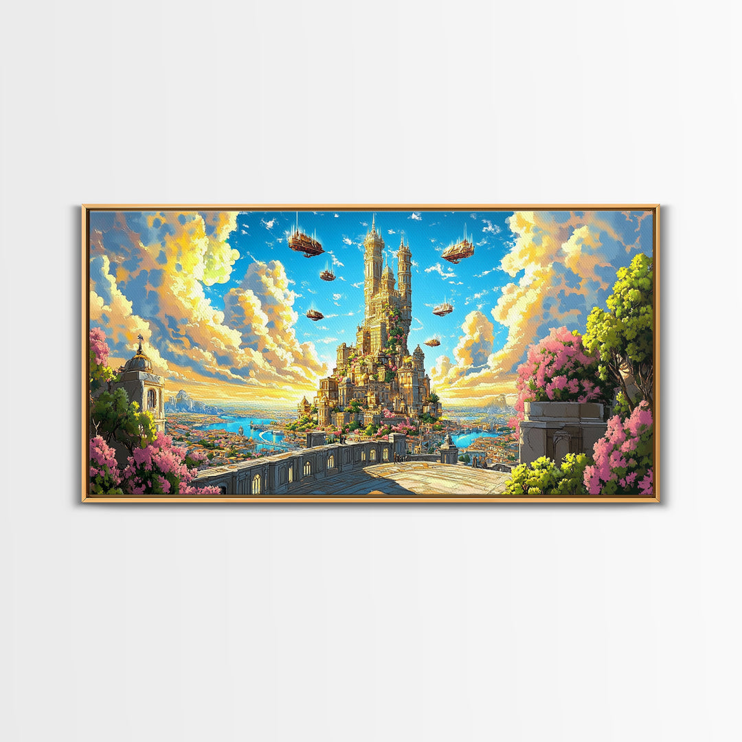 Sunlit Floating Castle City Canvas Print, Fantasy Wall Art, Dreamy Landscape Decor For Large Living Room, Whimsical Sky Kingdom Art