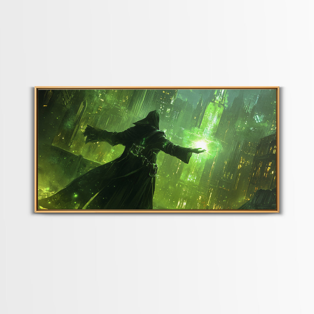 Emerald Dark Sorcerer Canvas Print, Fantasy Wall Art, Green Sci Fi Cityscape, Gothic Office Decor And Gaming Room Art For Him