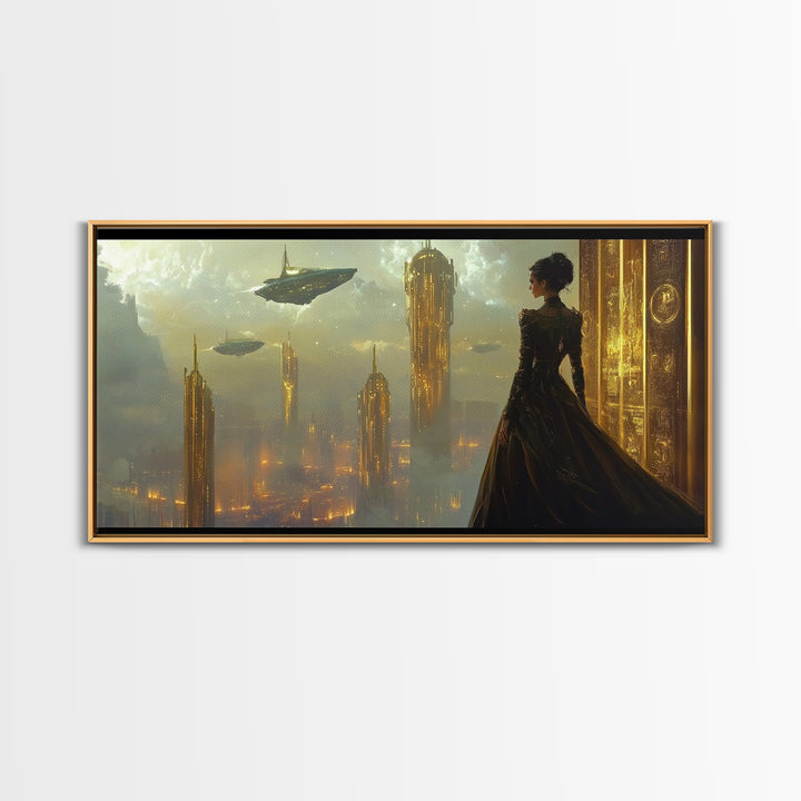 Elegant Woman Over Golden City Framed Canvas Print, Fantasy Wall Art, Futuristic Skyline Decor, Dark Feminine Office Art