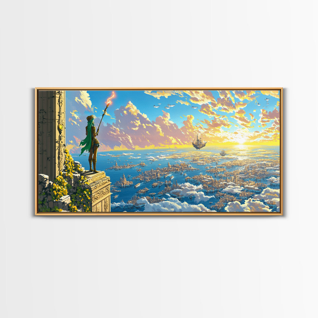 Green Robed Mage Above Cloud City Canvas Print, Fantasy Wall Art, Ocean Sky Landscape, Magical Coastal Living Room Decor
