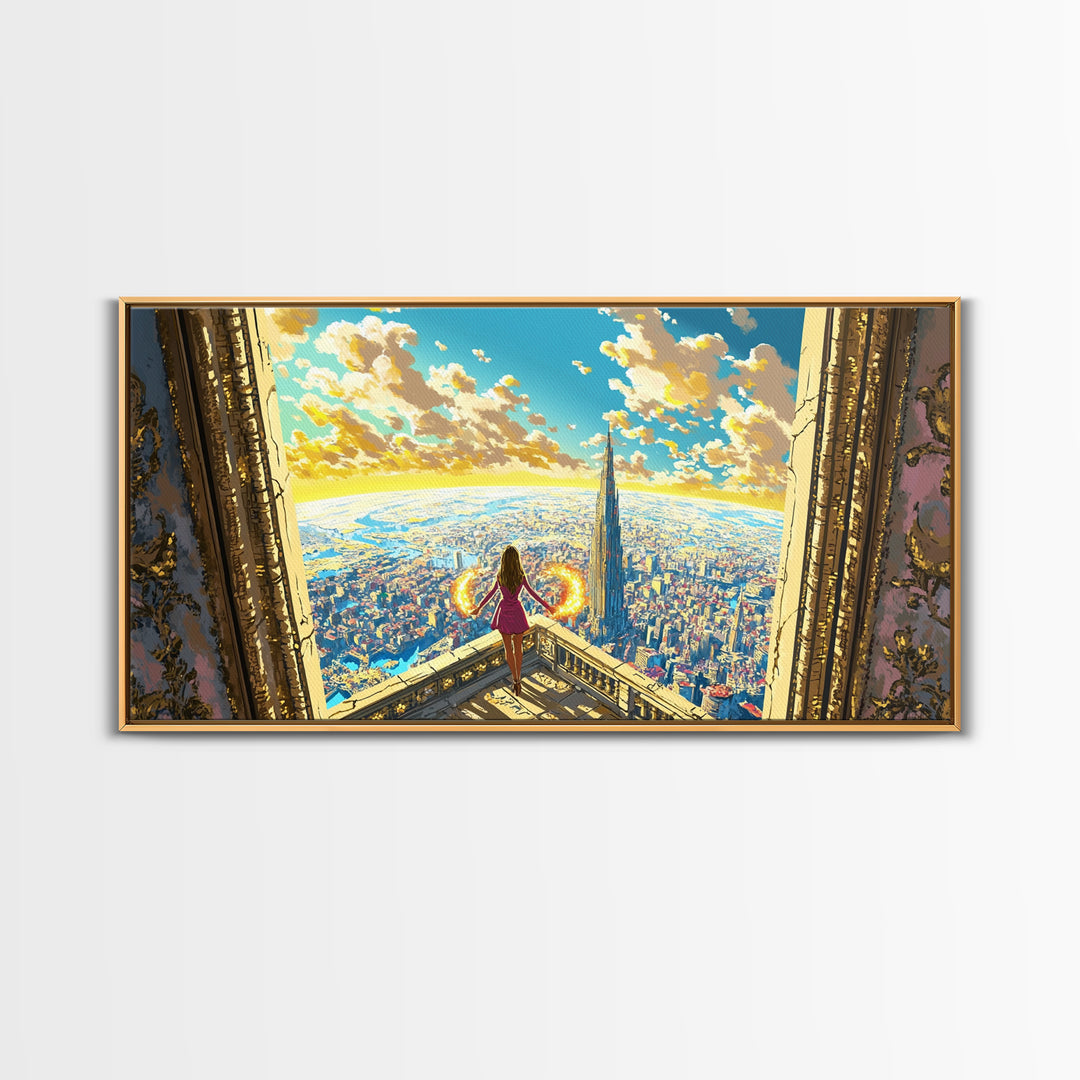 Girl With Fiery Wings Canvas Print, Fantasy Wall Art, Bright Futuristic Cityscape, Magical Bedroom Decor And Heroine Art
