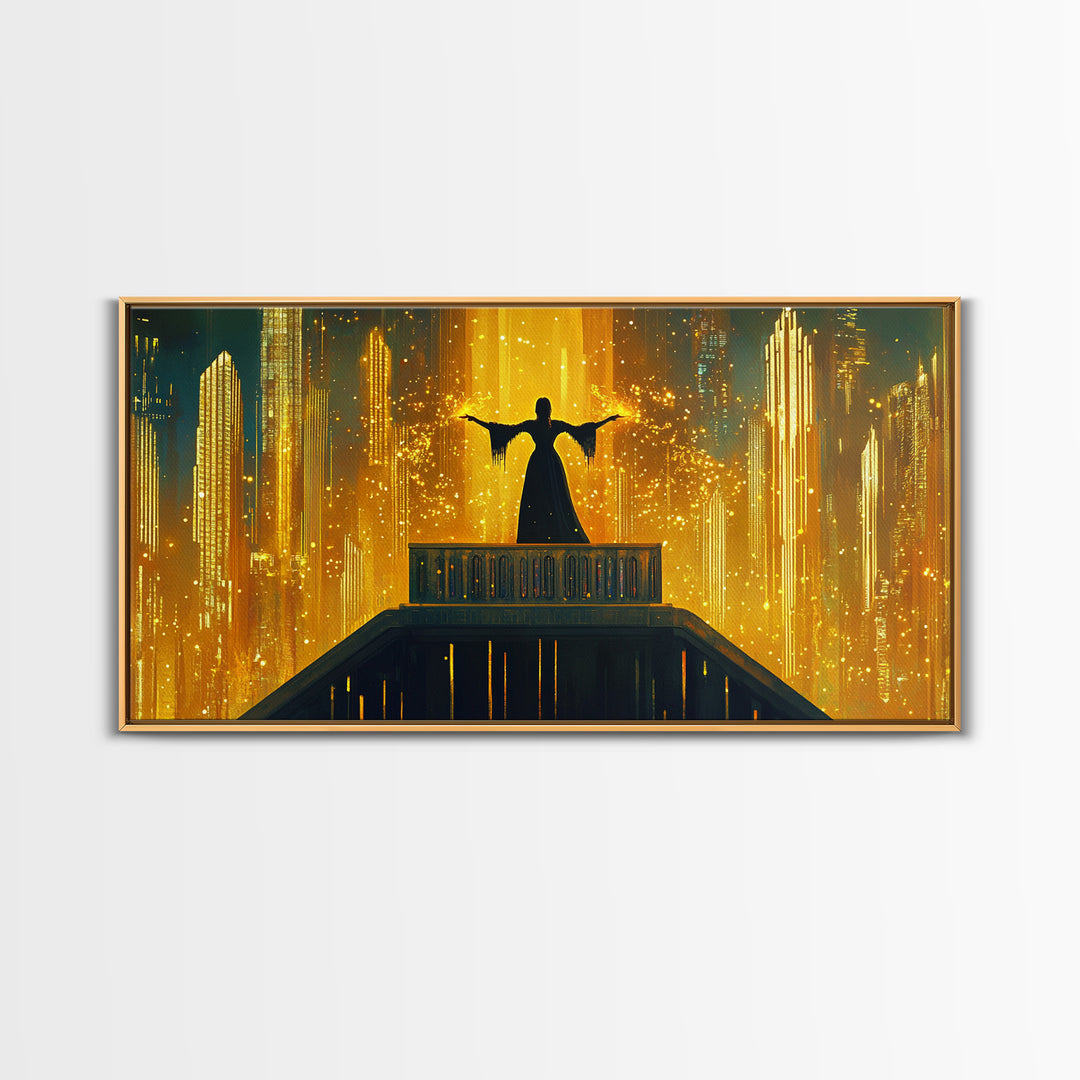 Golden Futuristic City Silhouette Canvas Print, Sci Fi Wall Art, Cyberpunk Skyline Decor, Neon Fantasy Living Room Art Poster