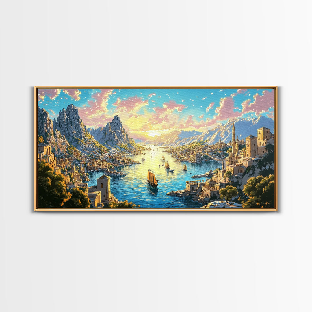 Mediterranean Mountain Harbor Canvas Print, Fantasy Seascape Wall Art, Coastal Village Decor For Living Room And Office Decor