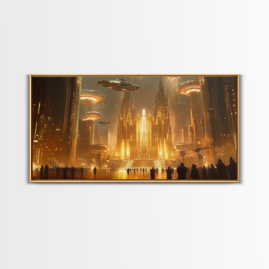 Golden Alien Metropolis Canvas Print, Sci Fi Futuristic City Wall Art, Ufo Fantasy Skyline Decor For Gamer Room And Office