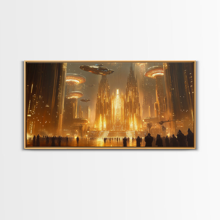 Golden Alien Metropolis Canvas Print, Sci Fi Futuristic City Wall Art, Ufo Fantasy Skyline Decor For Gamer Room And Office