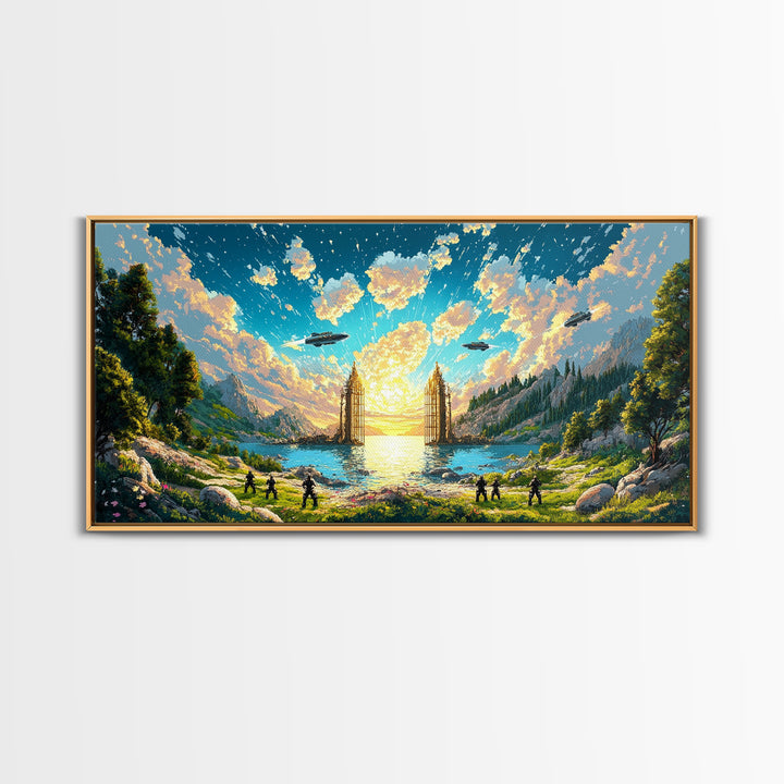 Fantasy Valley Portal Canvas Print, Epic Mountain Lake Wall Art, Adventure Landscape Decor For Kids Room And Gamer Room Poster