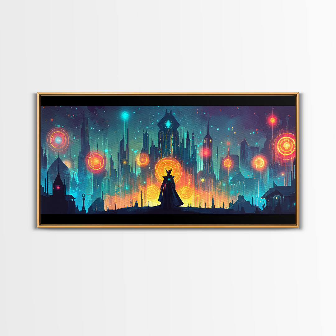 Cloaked Sorceress In Neon Skyline Wall Art, Cyberpunk Fantasy Canvas, Mystical Cityscape, Modern Sci Fi Gamer Room Decor Print