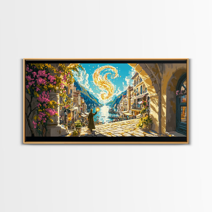 Golden Swirl Over Coastal Village Wall Art, Amalfi Inspired Canvas Print, Mediterranean Travel Poster, Magical Home Decor