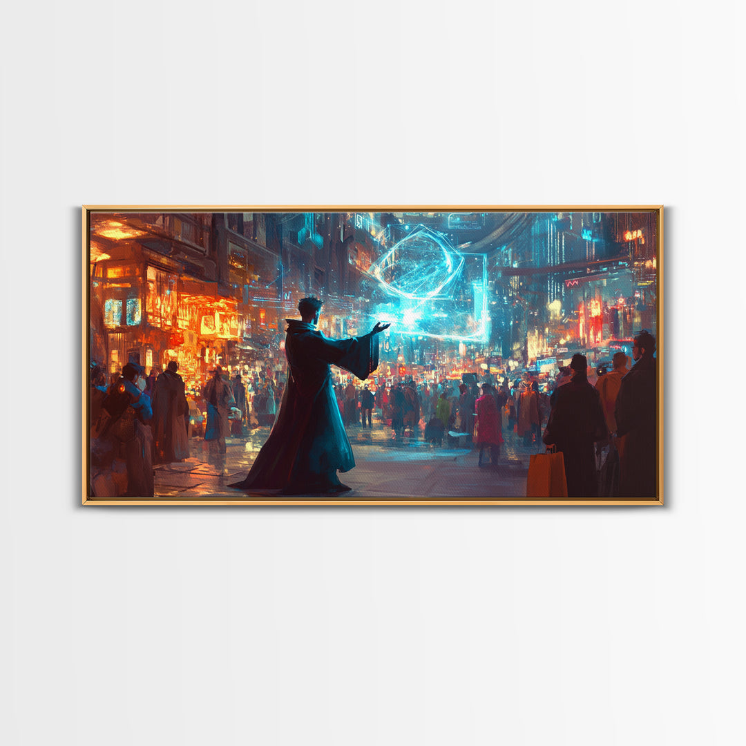 Wizard Casting Hologram In Neon City Wall Art, Cyberpunk Fantasy Canvas Print, Sci Fi Poster, Futuristic Modern Office Decor