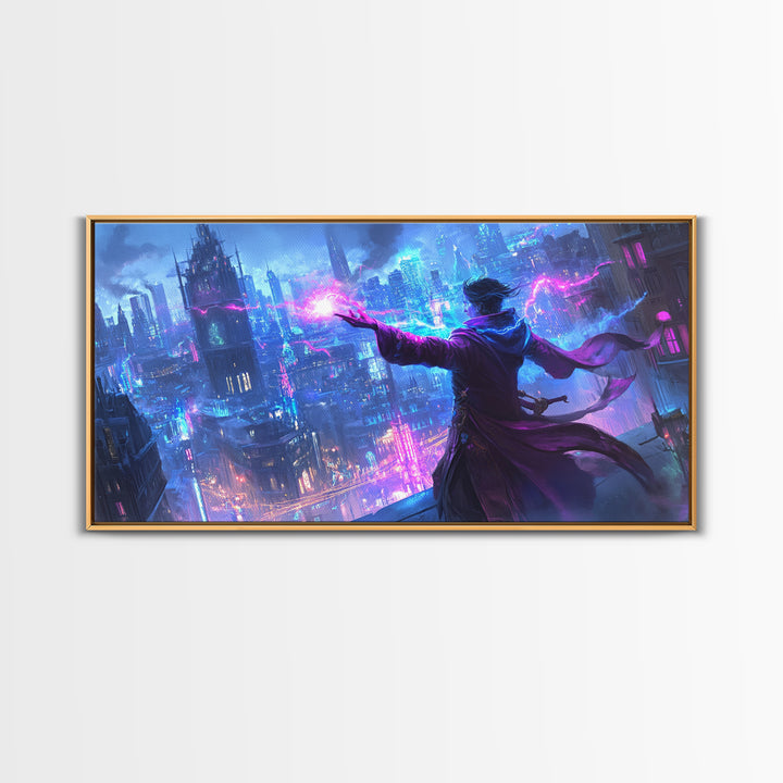 Mage Casting Neon Lightning Over City Wall Art, Cyberpunk Fantasy Canvas Print, Futuristic Skyline, Sci Fi Gamer Room Decor