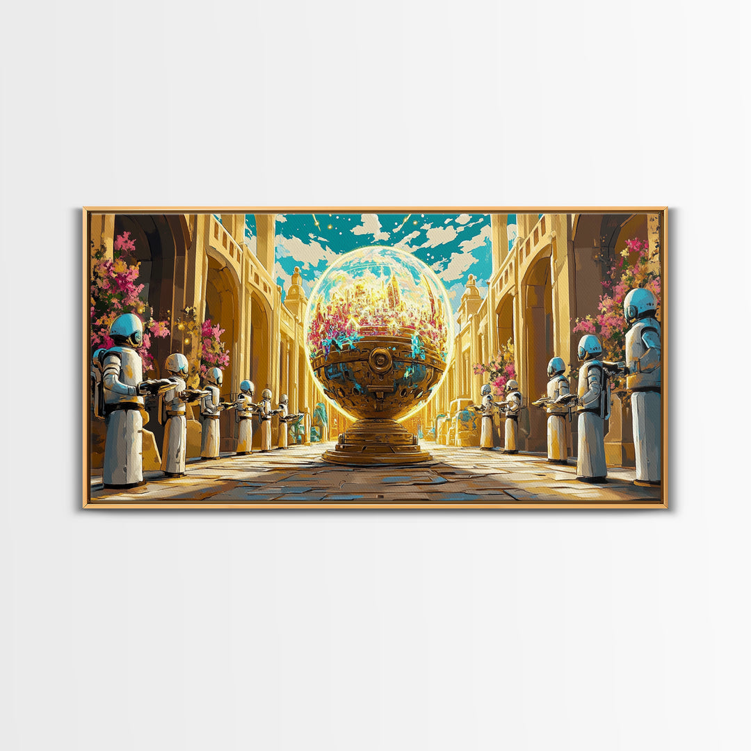 Golden Orb Palace With Futuristic Guards Wall Art, Sci Fi Fantasy Canvas Print, Maximalist Cityscape, Unique Art Home Decor