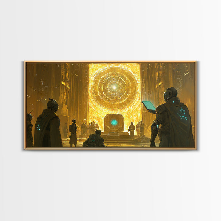 Radiant Cosmic Portal Hall With Astronauts Wall Art, Golden Sci Fi Canvas Print, Futuristic Temple, Celestial Statement Home Decor