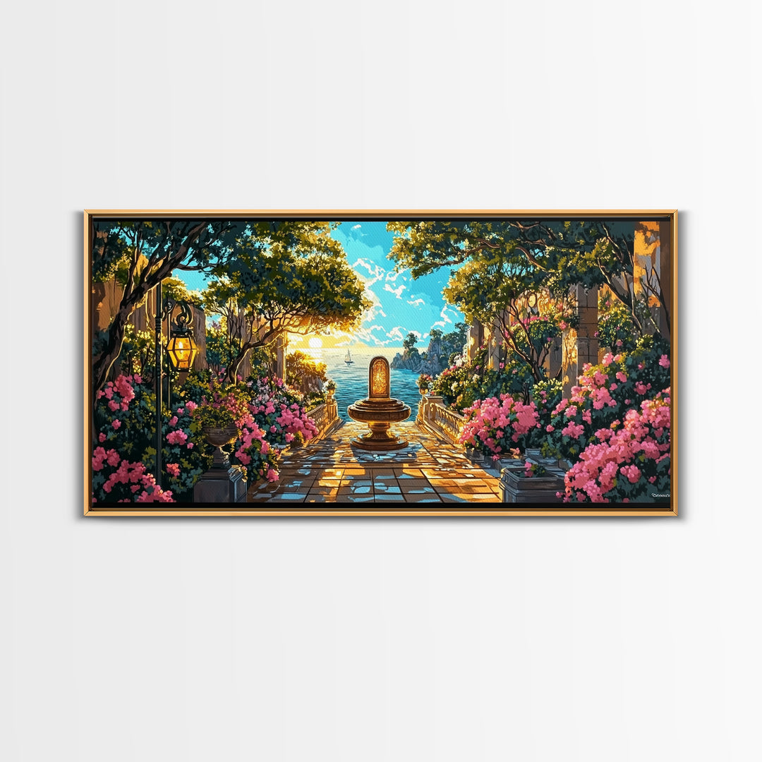 Sunlit Mediterranean Garden Fountain Canvas Print, Coastal Wall Art, Fantasy Landscape Art, Living Room Decor, Housewarming Gift