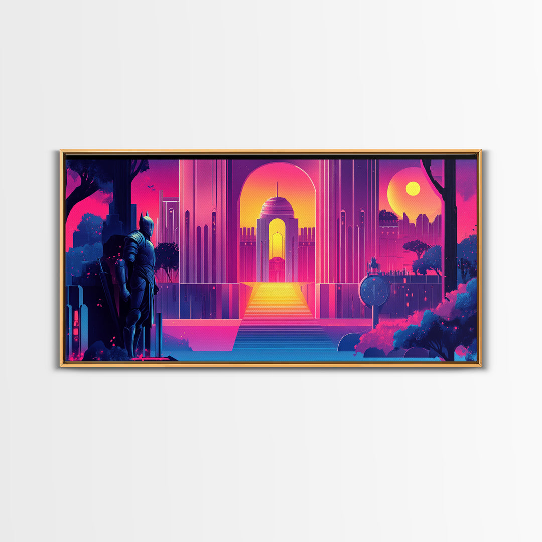 Neon Magenta Palace Guardian Canvas Print, Retro Futuristic Wall Art, Cyberpunk Decor, Gaming Room Art, Modern Gift For Him